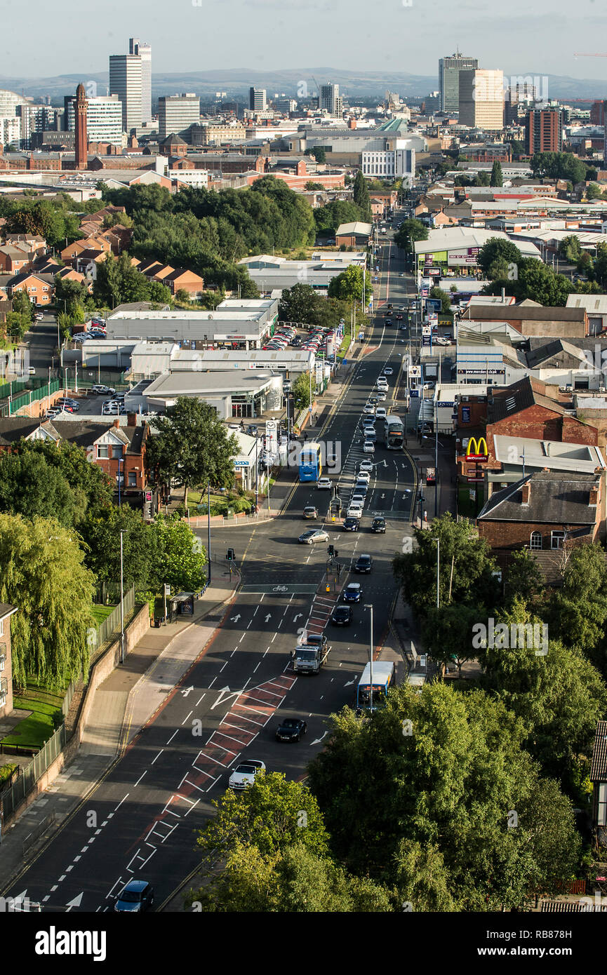 Aerial of Bury New Road in Salford looking towards Manchester Stock Photo