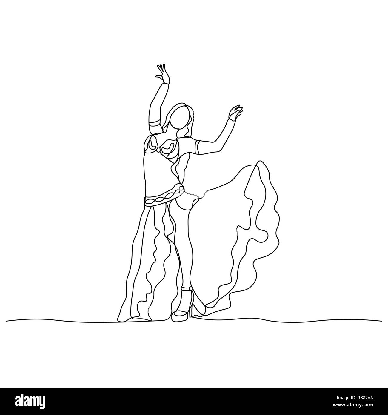 Belly dance. Turkish tane. Dancing girl depicted by a continuous line. Vector isolated illustration Stock Vector