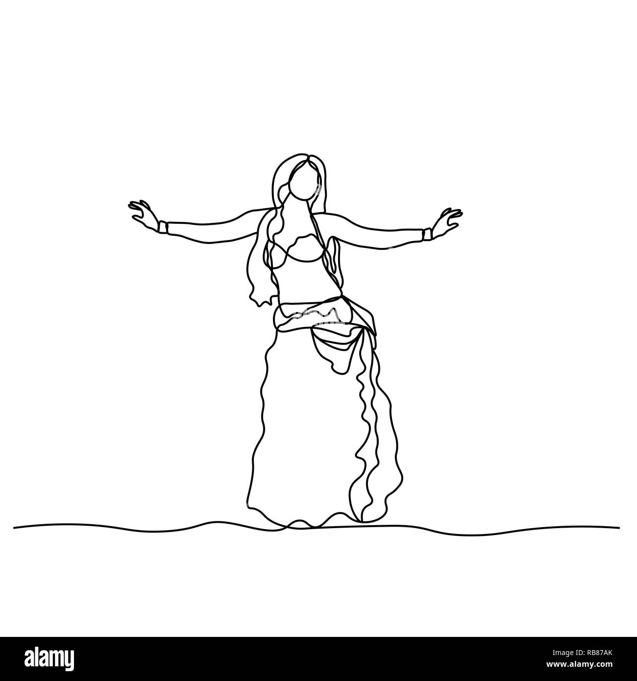 Belly dance. Turkish tane. Dancing girl depicted by a continuous line. Vector isolated illustration Stock Vector