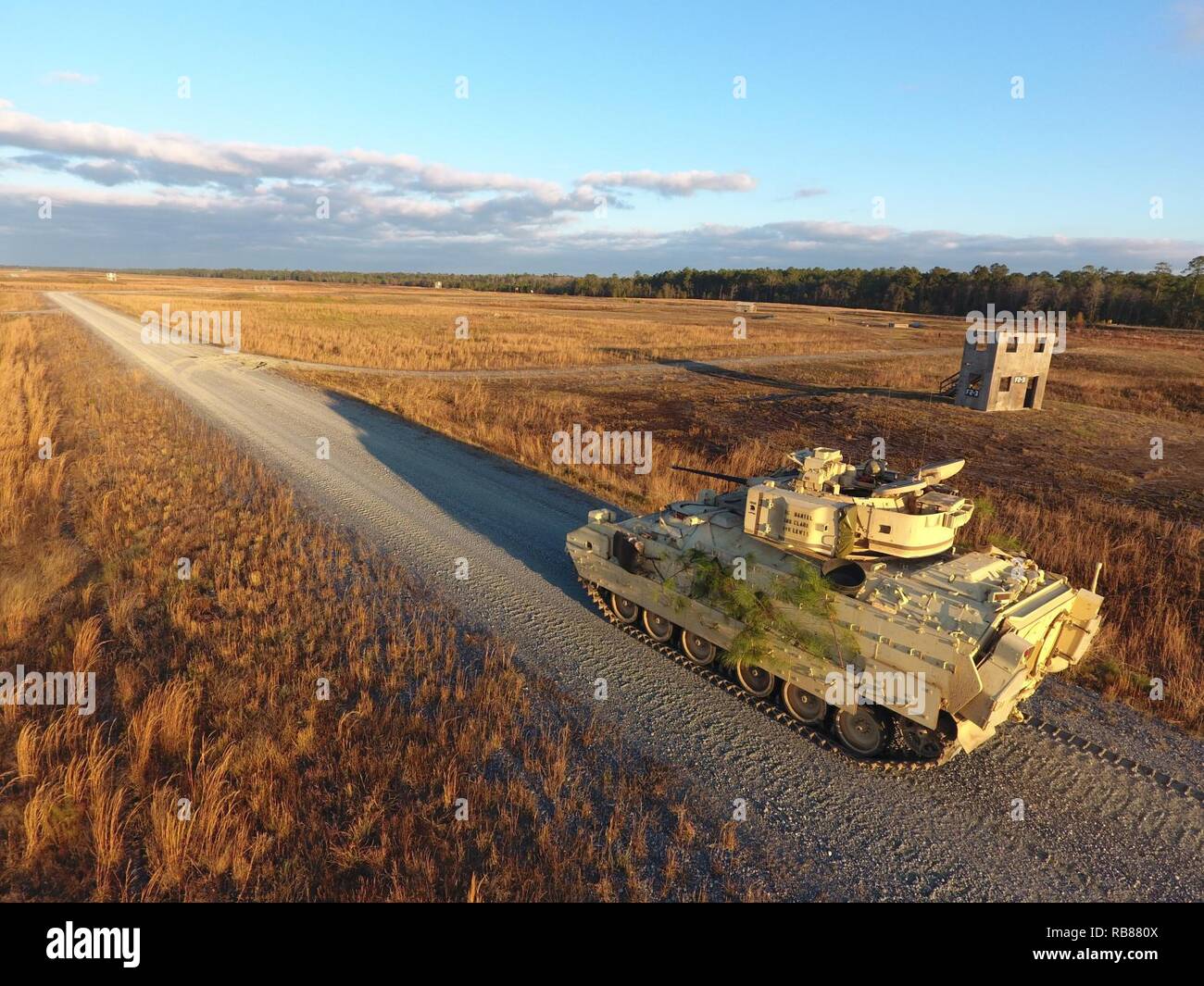 Aerial drone image of Bradley Fighting Vehicle crews from the 1st Armor