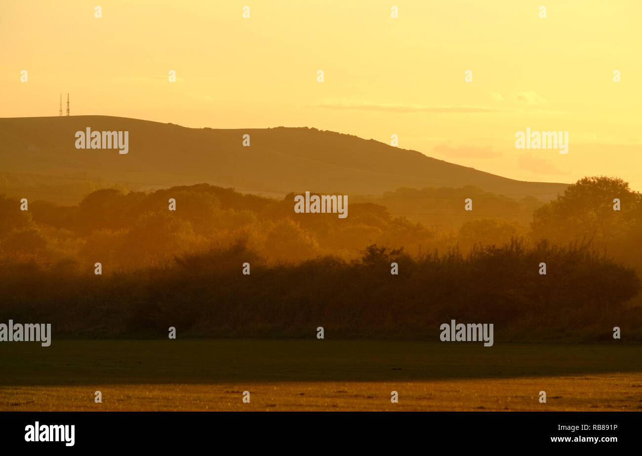Sunset over Firle Beacon in the South Downs national Park, Firle, East Sussex. Stock Photo
