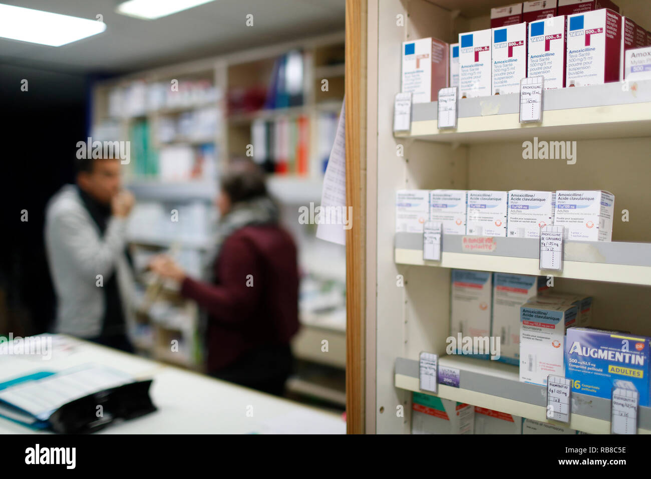 Pharmacy. Medicine in shelves. France. Stock Photo