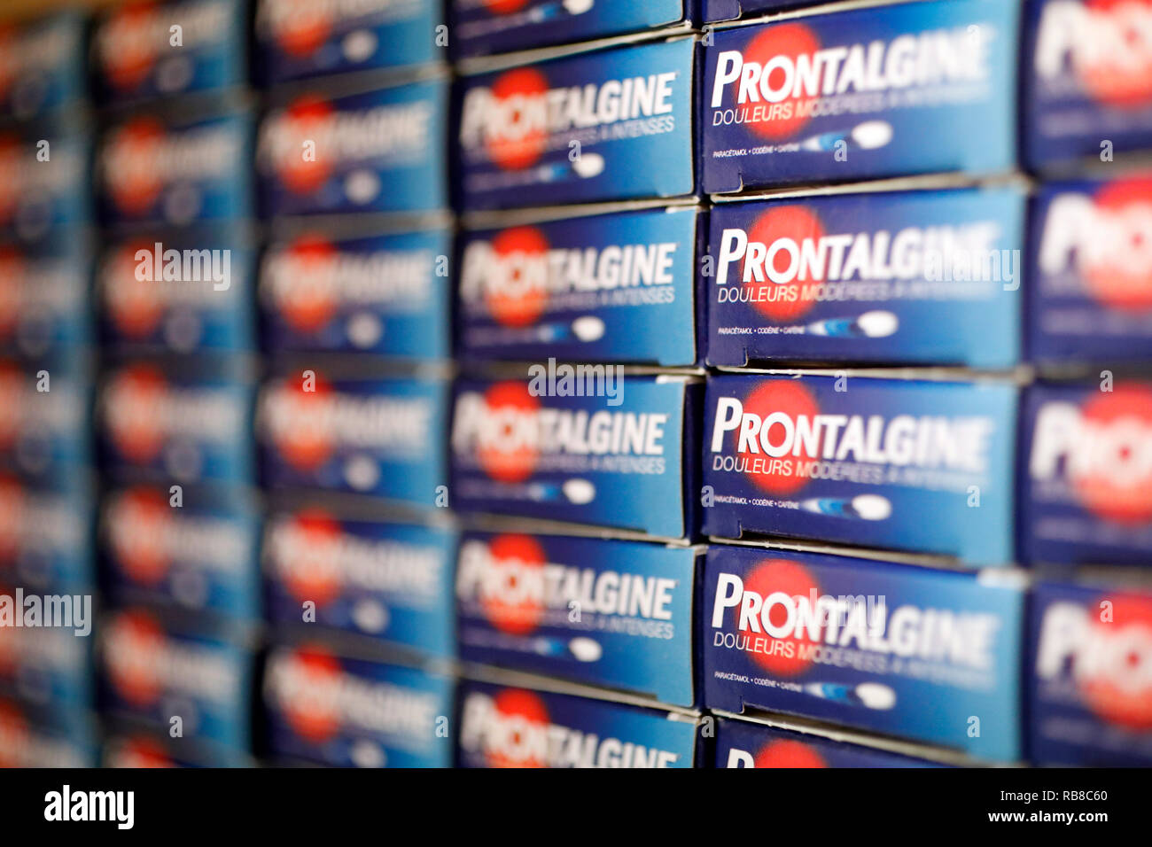 Pharmacy. Medicine in shelves. Pain relief medicine Prontalgine. France. Stock Photo