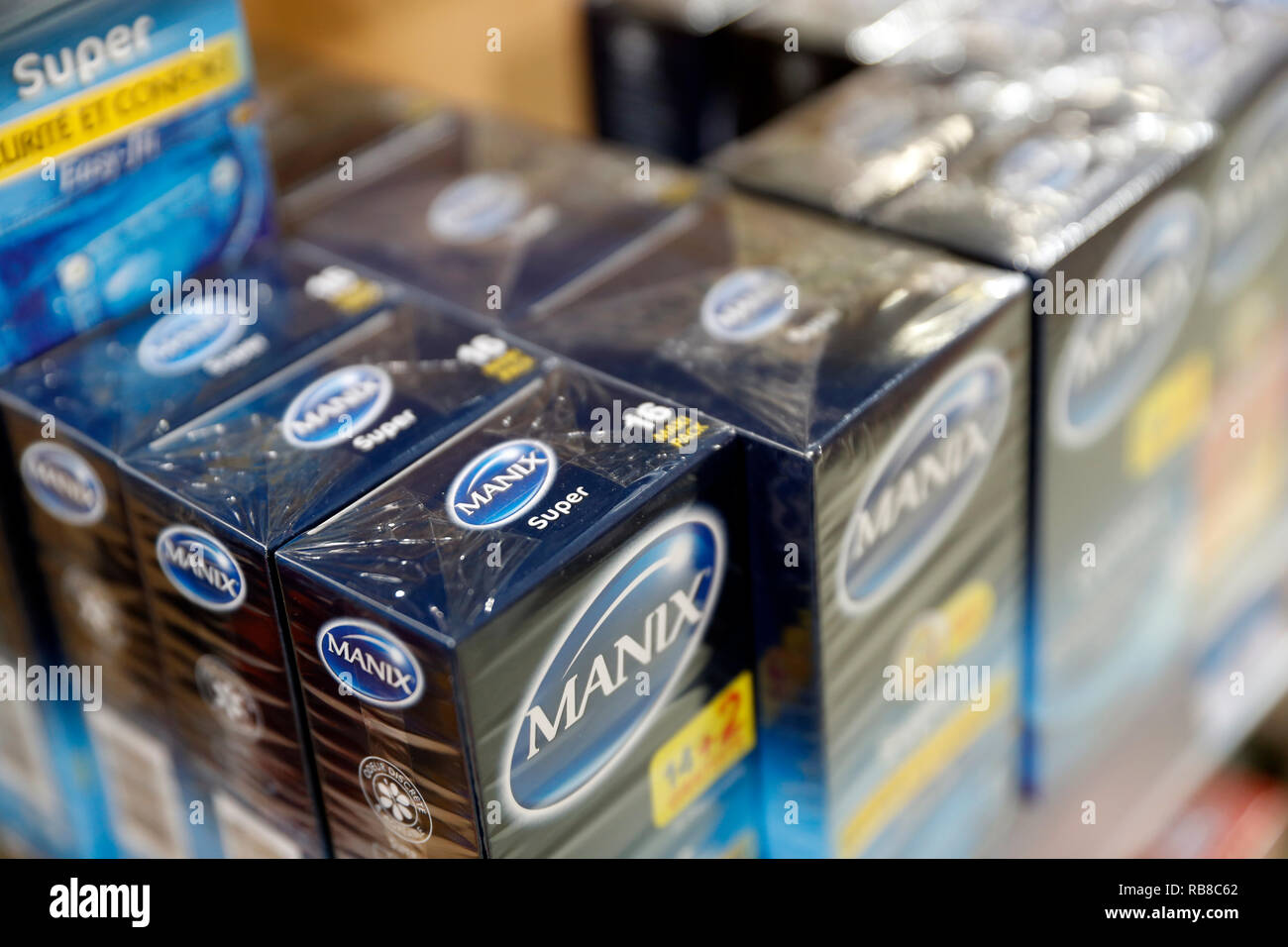 Pharmacy. Condoms. France. Stock Photo