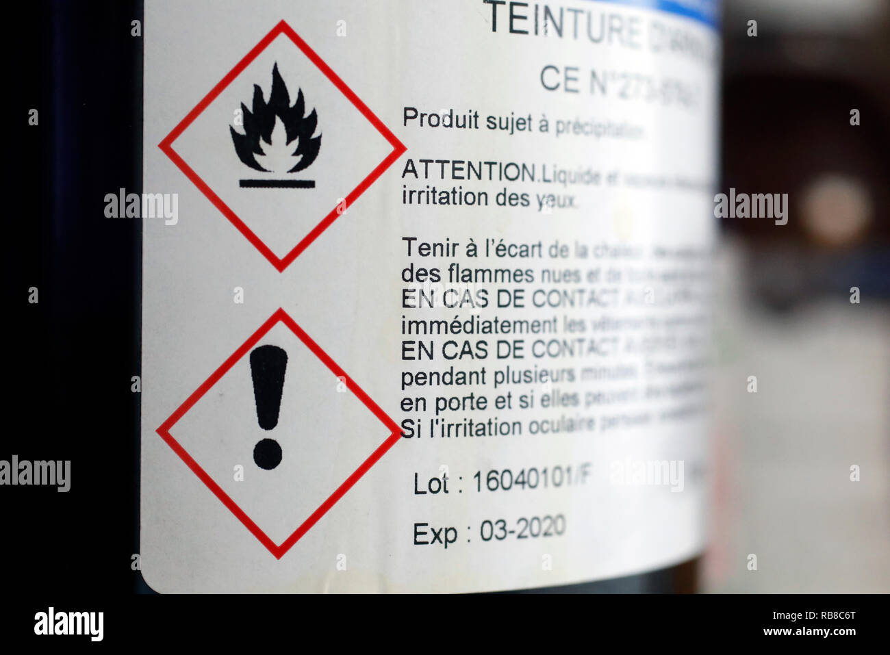 Pharmacy. A warning label on the side of a bottle. France. Stock Photo