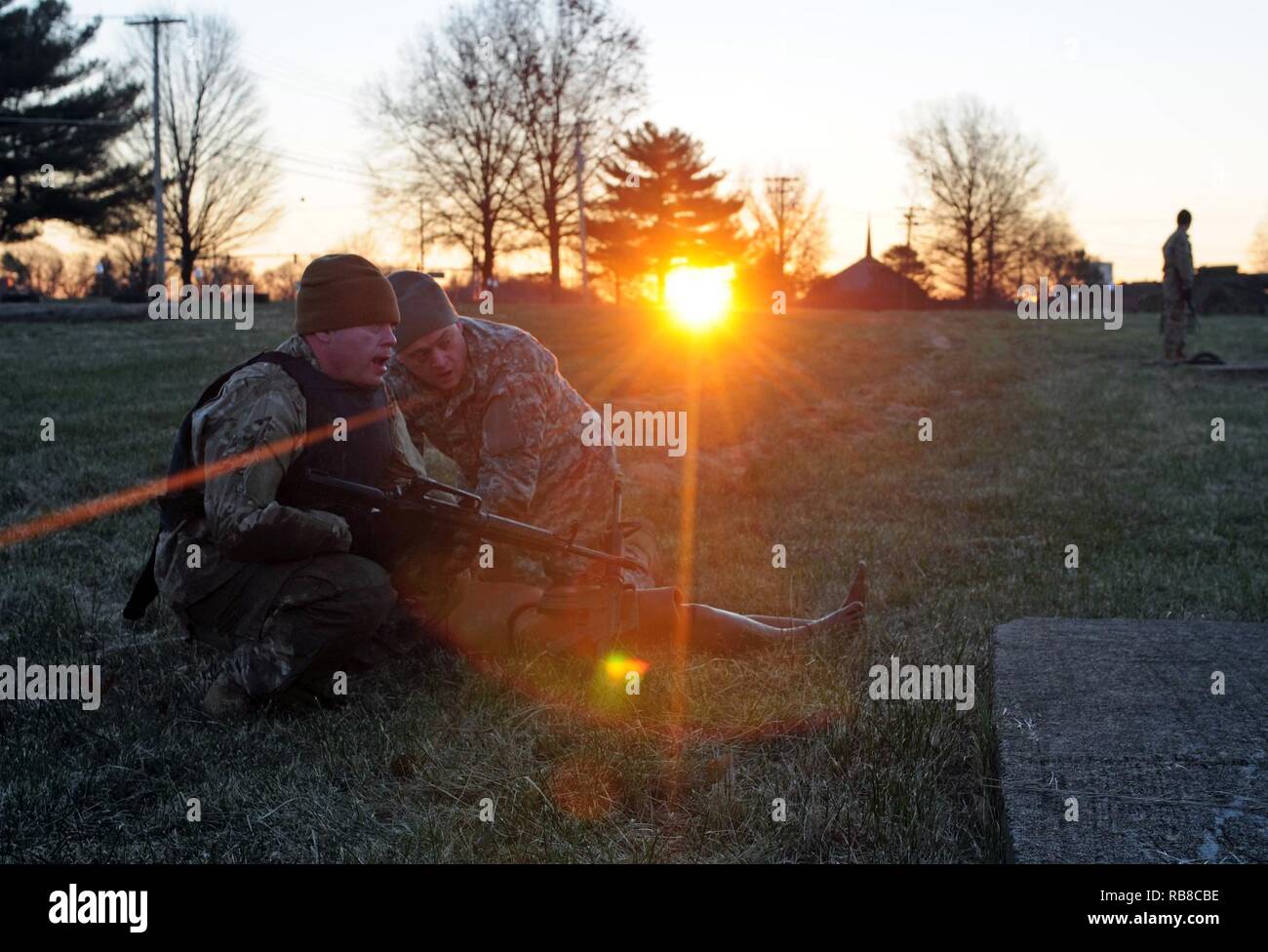 The rising sun sheds light on Headquarters and Headquarters Company