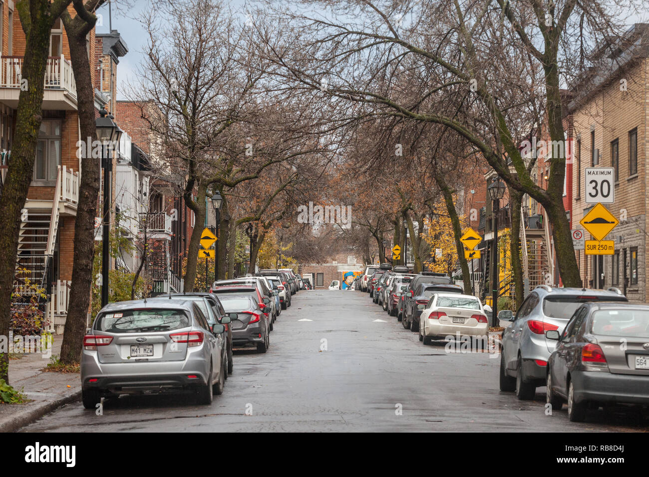 MONTREAL, CANADA - NOVEMBER 6, 2018: Typical north American residential street in autumn in Le Plateau, Montreal, Quebec, during an autumn afternoon,  Stock Photo