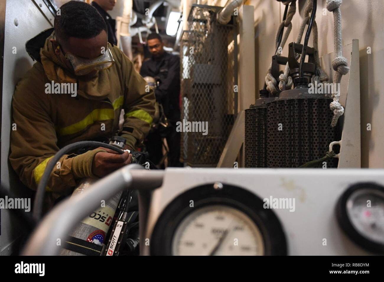 MEDITERRANEAN SEA (Dec. 10, 2016) Petty Officer 3rd Class Jon P Hebert, from Chicago, refills