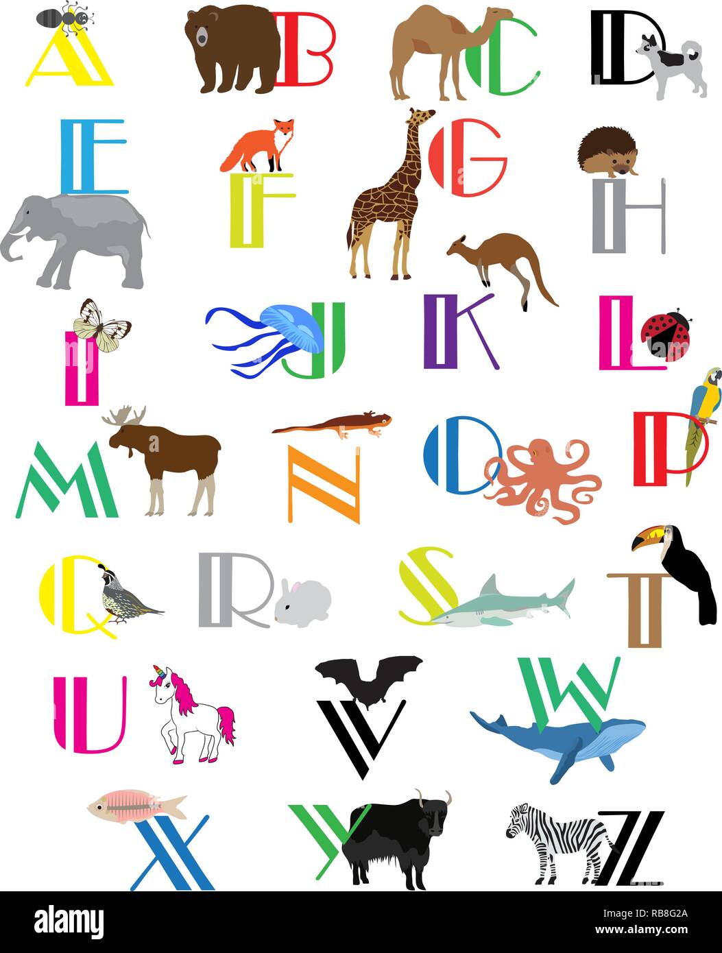 vector illustration of alphabet letters with animals. Stock Vector