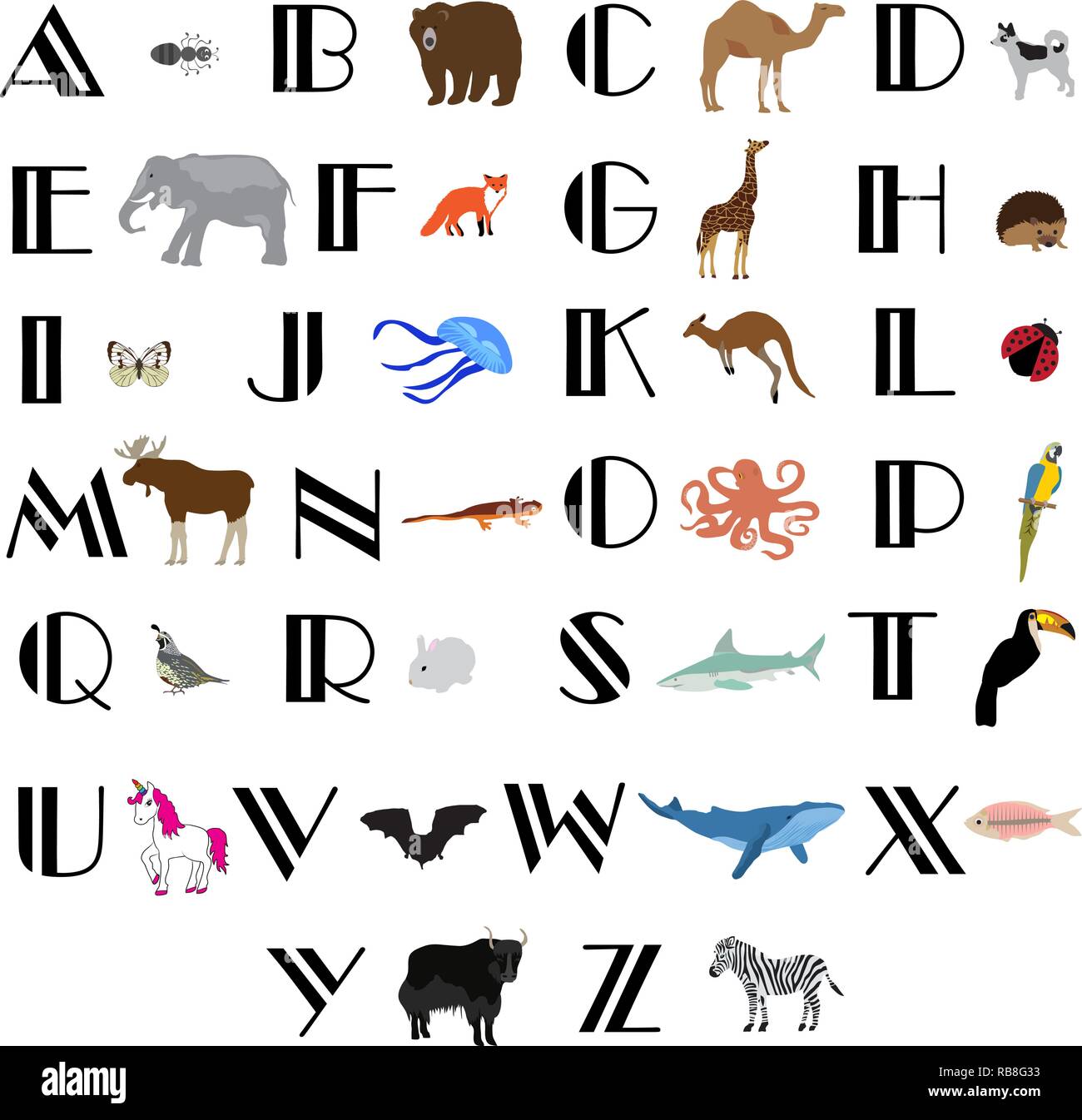 vector illustration of alphabet letters with animals. Stock Vector