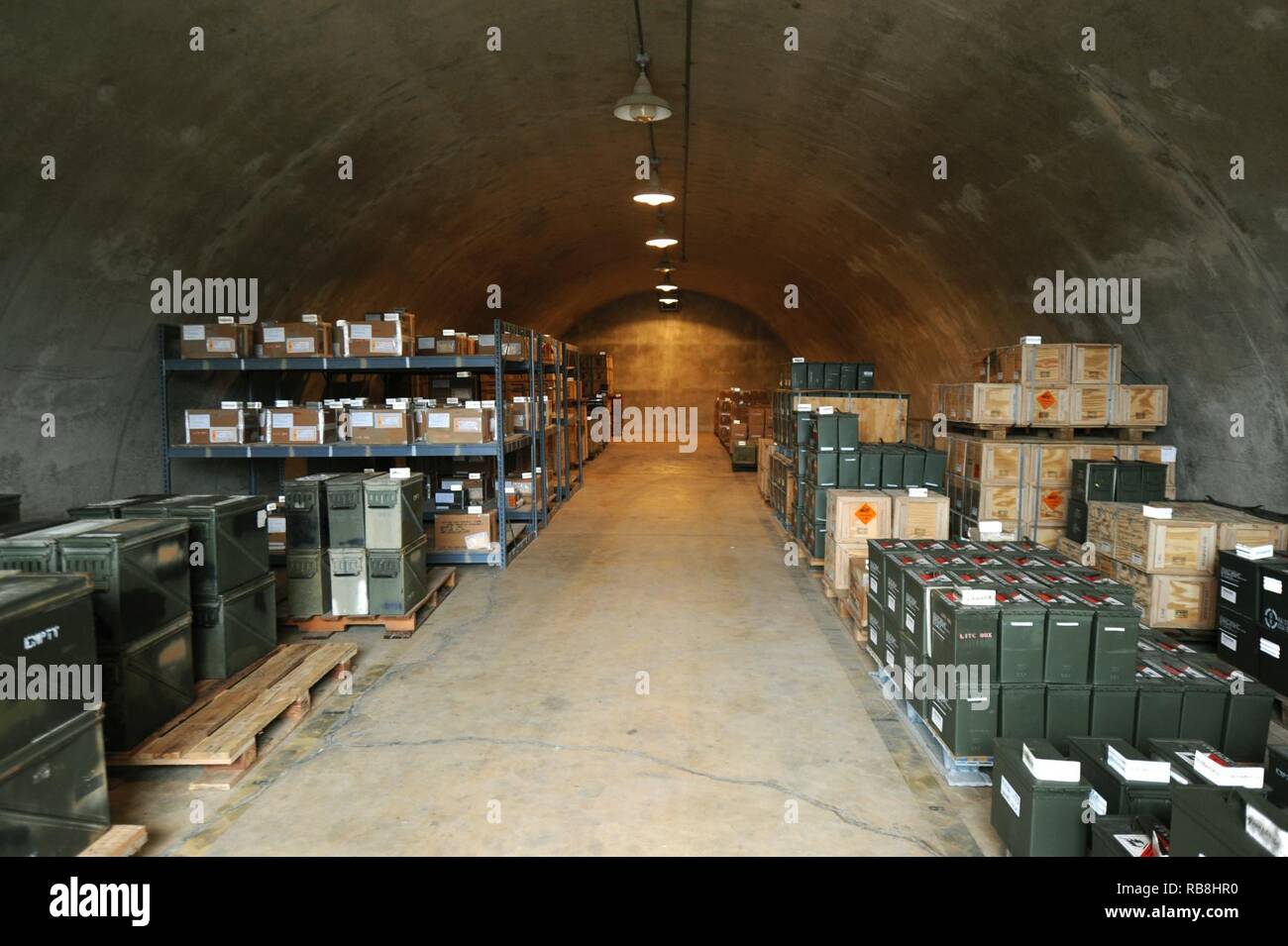 Ammunition containers are stored in an underground bunker for safe
