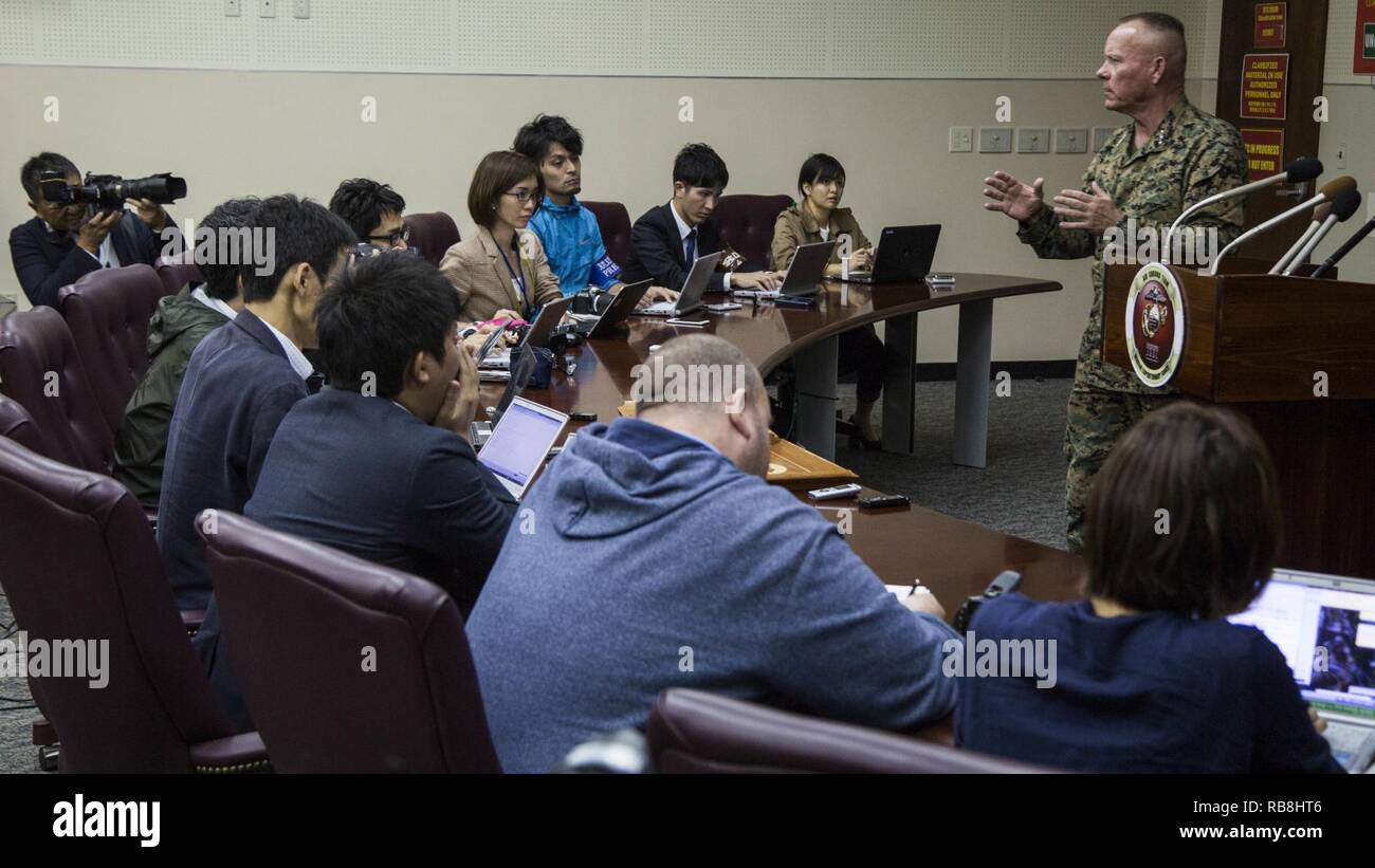Lt. Gen. Lawrence D. Nicholson addresses Japanese reporters on Marine