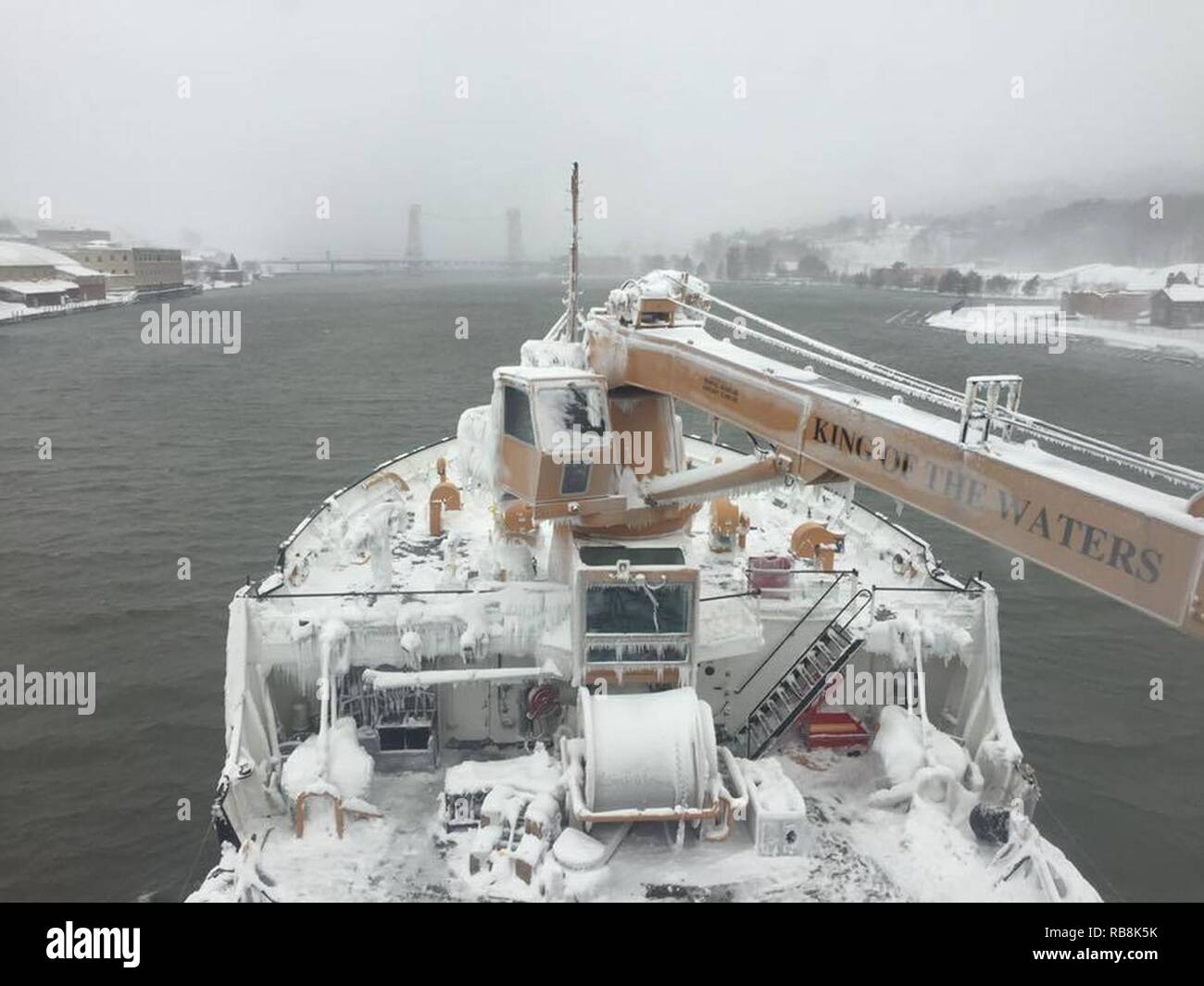 The Coast Guard Cutter Alder approaches the Portage Lake Lift Bridge in