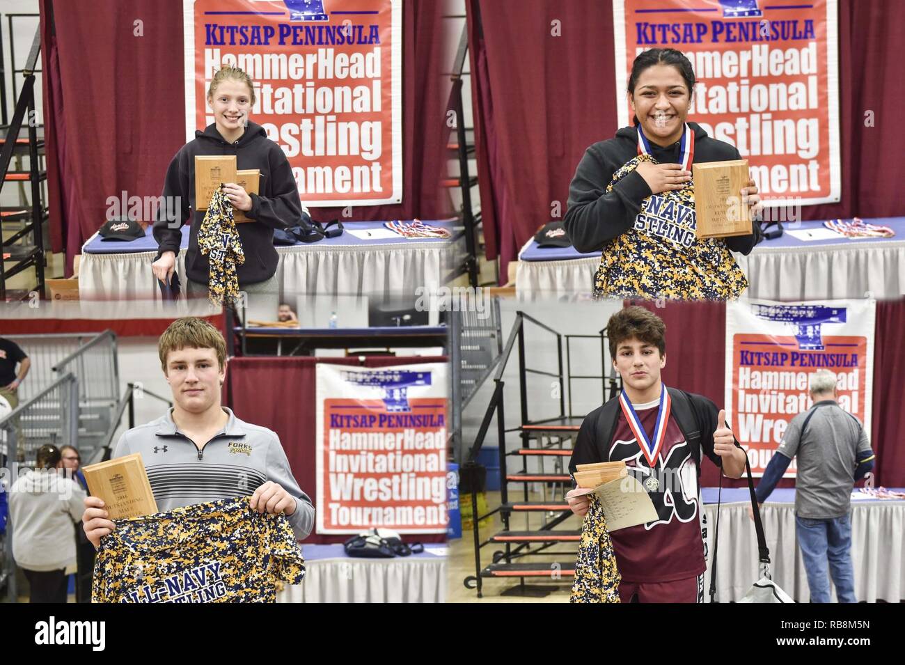 BREMERTON, Wash. (Dec. 17, 2016) Four athletes, two male and two female, were recognized for being outstanding as a wrester and sportmanship also being awarded plaques and All-Navy Wrestling gear after the Hammerhead Invitational Wrestling Tournament at the Kitsap Sun Pavilion. All-Navy Wrestling was featured as a tournament partner, providing prizes, security, mats and an information booth promoting the All-Navy Sports program at the two-day tournament, which featured 44 male and 16 female folkstyle, highschool wrestling teams from across Washington state. Stock Photo