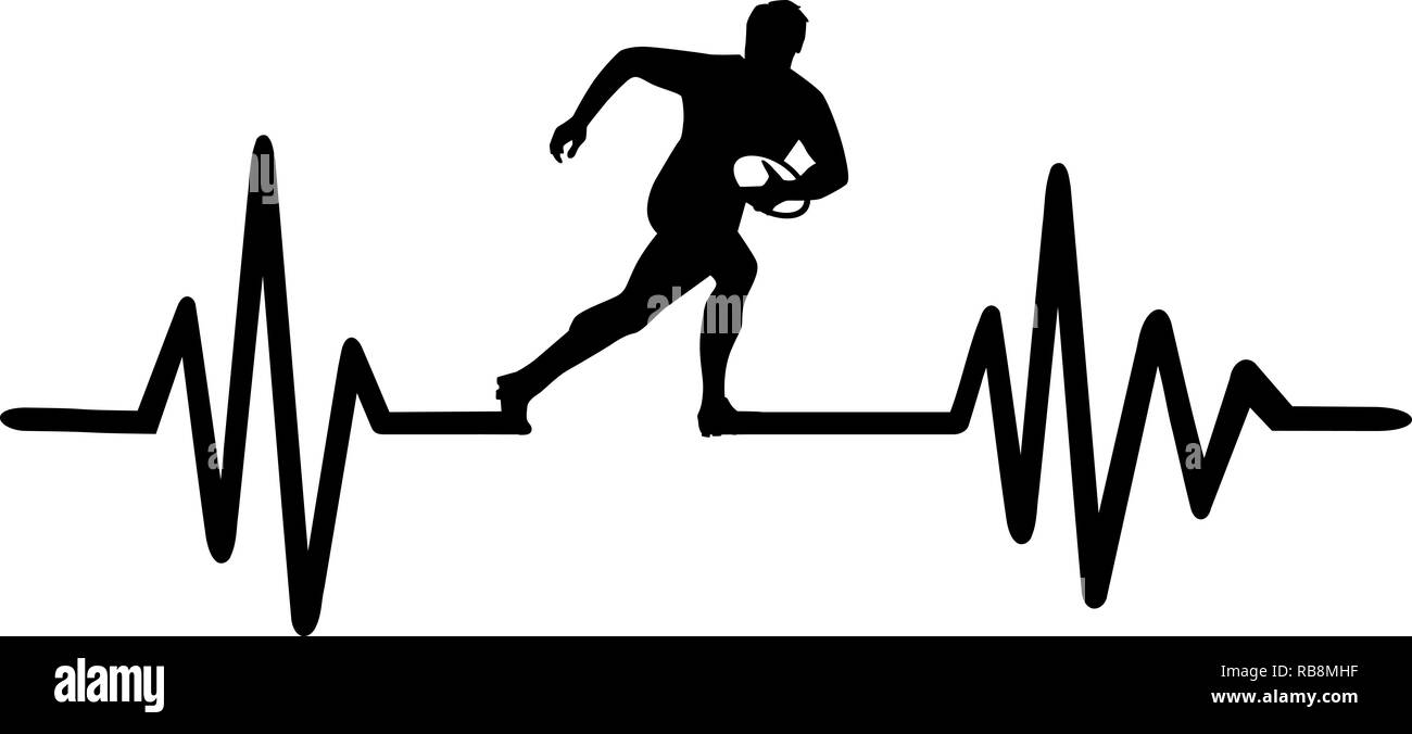 Heartbeat pulse line with rugby player and word Stock Photo