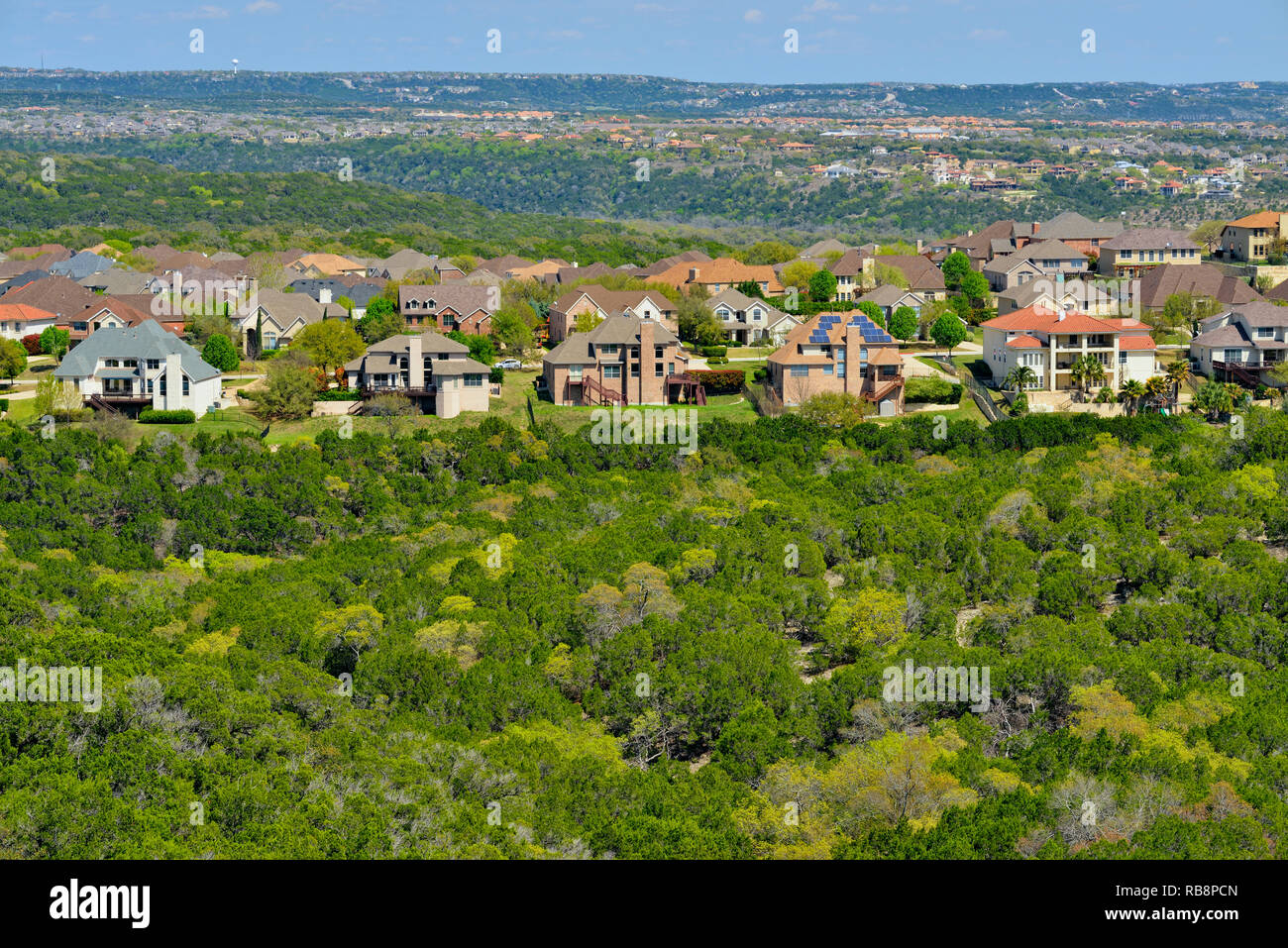 Overlooking suburban Austin Hill Country in spring, Austin, Texas, USA Stock Photo