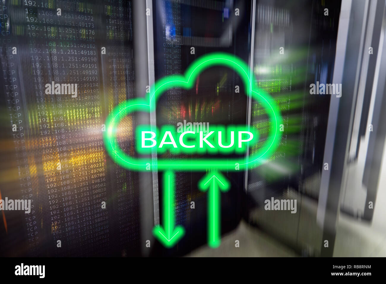 Backup button on modern server room background. Data loss prevention ...