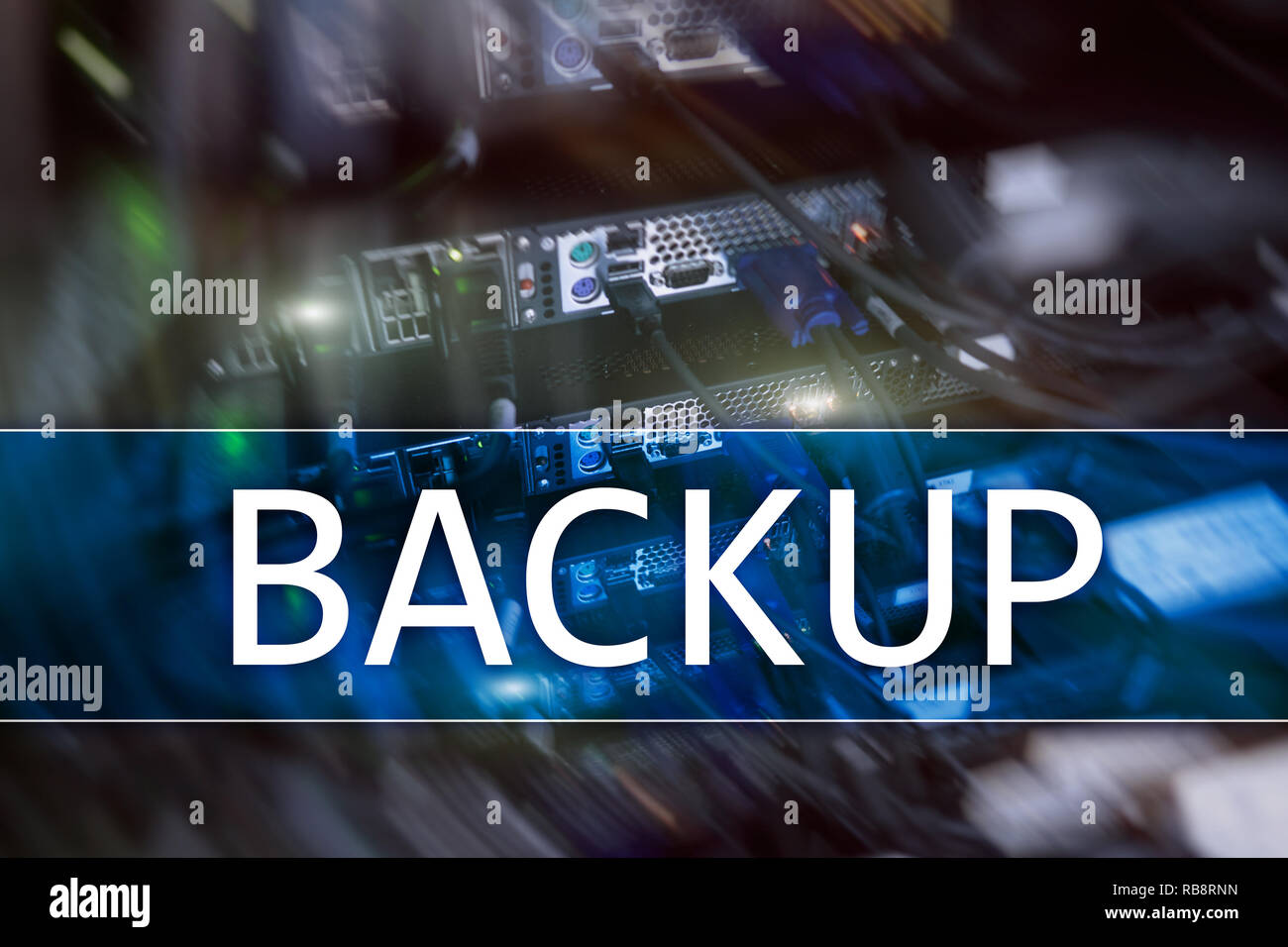 Backup button on modern server room background. Data loss prevention ...