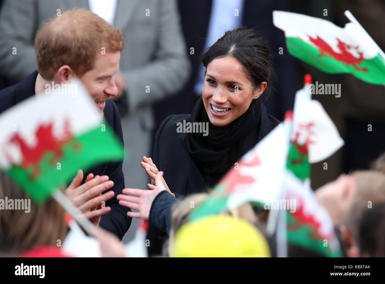 Prince Harry and Meghan Markle meet members of the public during a visit to Cardiff Castle in Wales Thursday January 18 2018. Stock Photo