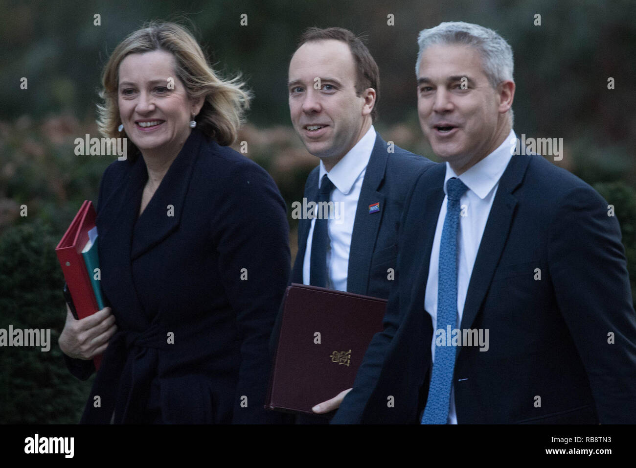 (left to right) Work and Pensions Secretary Amber Rudd, Health and Social Care Secretary Matt Hancock and Brexit Secretary Stephen Barclay, arrive in Downing Street, London, for a Cabinet meeting. Stock Photo