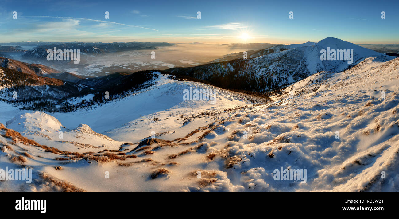Blue mountain winter panorama at sunset Slovakia, peak Chleb Stock Photo