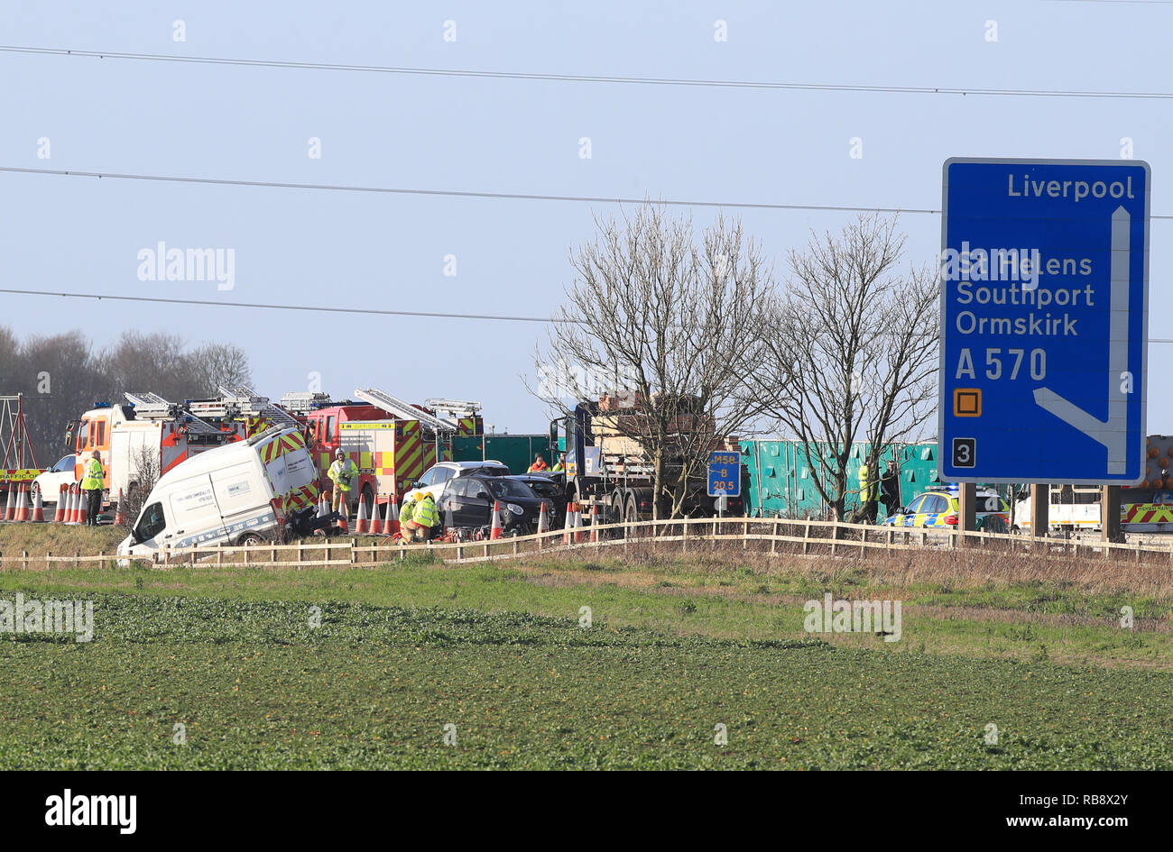The scene of a multi vehicle crash on the M58 between J4 Skelmersdale