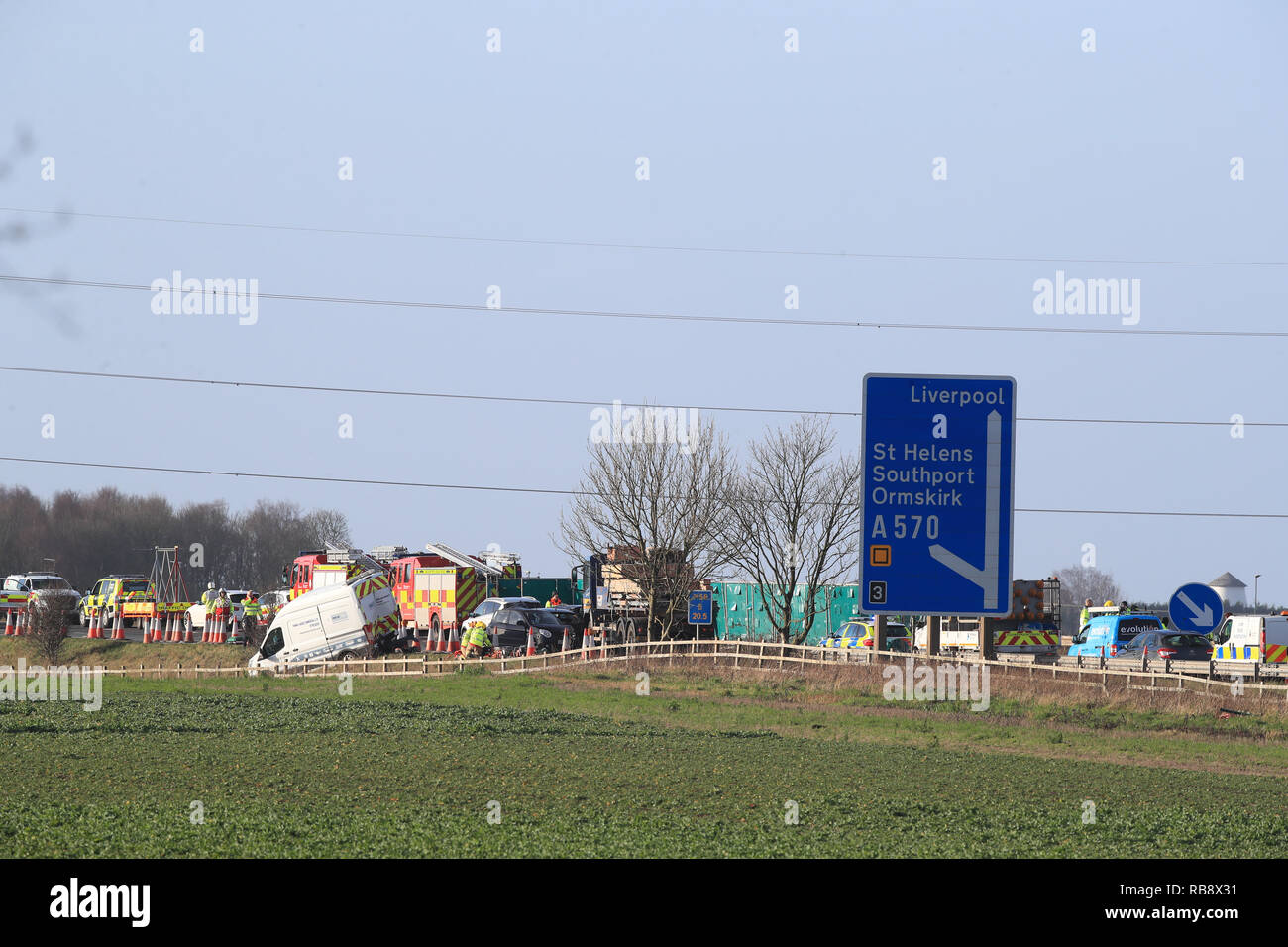 The scene of a multi vehicle crash on the M58 between J4 Skelmersdale
