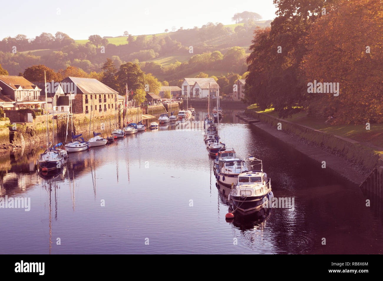 Totnes, Devon.  Boats moored on the River Dart on a late summer's evening. Stock Photo