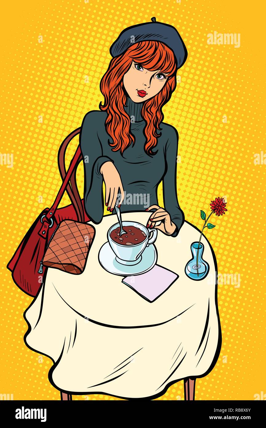 Red haired girl in a cafe. Comic cartoon pop art retro vector illustration drawing Stock Vector