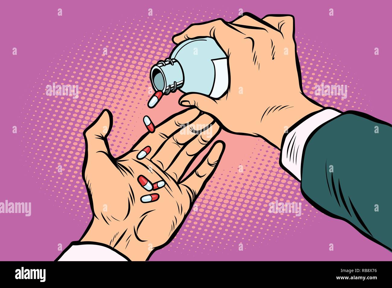 man hand pours out pills. Comic cartoon pop art retro vector illustration drawing Stock Vector