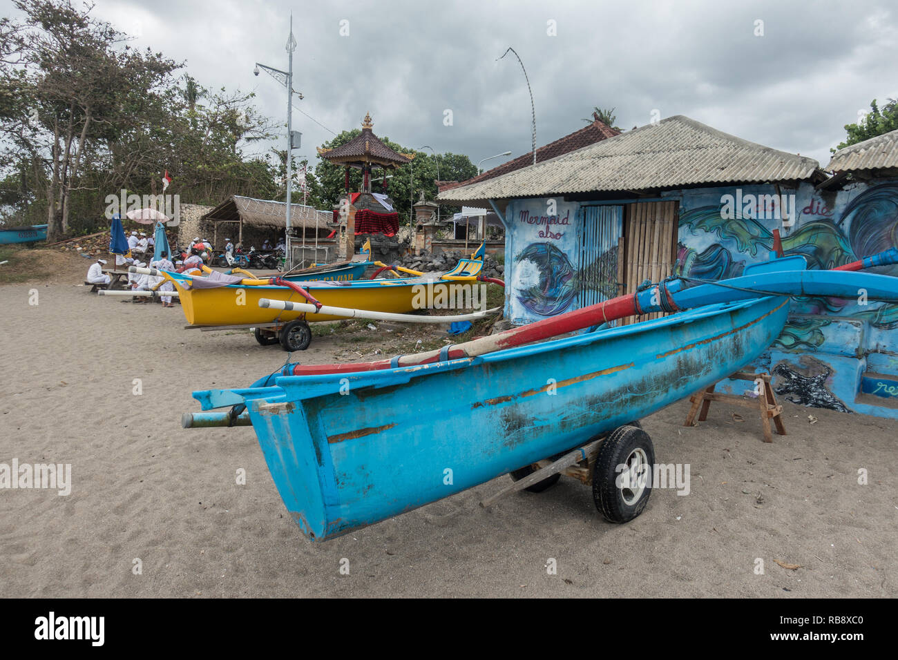 Local fishingboats on Batu Balong beach, Bali. Stock Photo