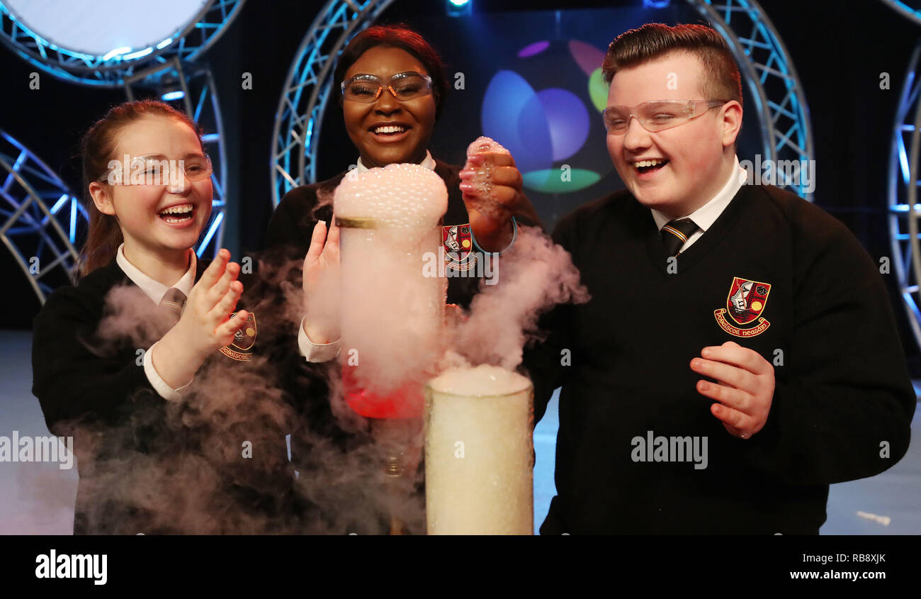 L-R Sophie Kelly,16, Rachelle Biayi, 16, Karl Fitzpatrick, 15,from Pobalscoil Neasain in Baldoyle at the launch of the BT Young Scientist & Technology Exhibition 2019 as it marks the 55th year of the exhibition at the RDS in Dublin. Stock Photo