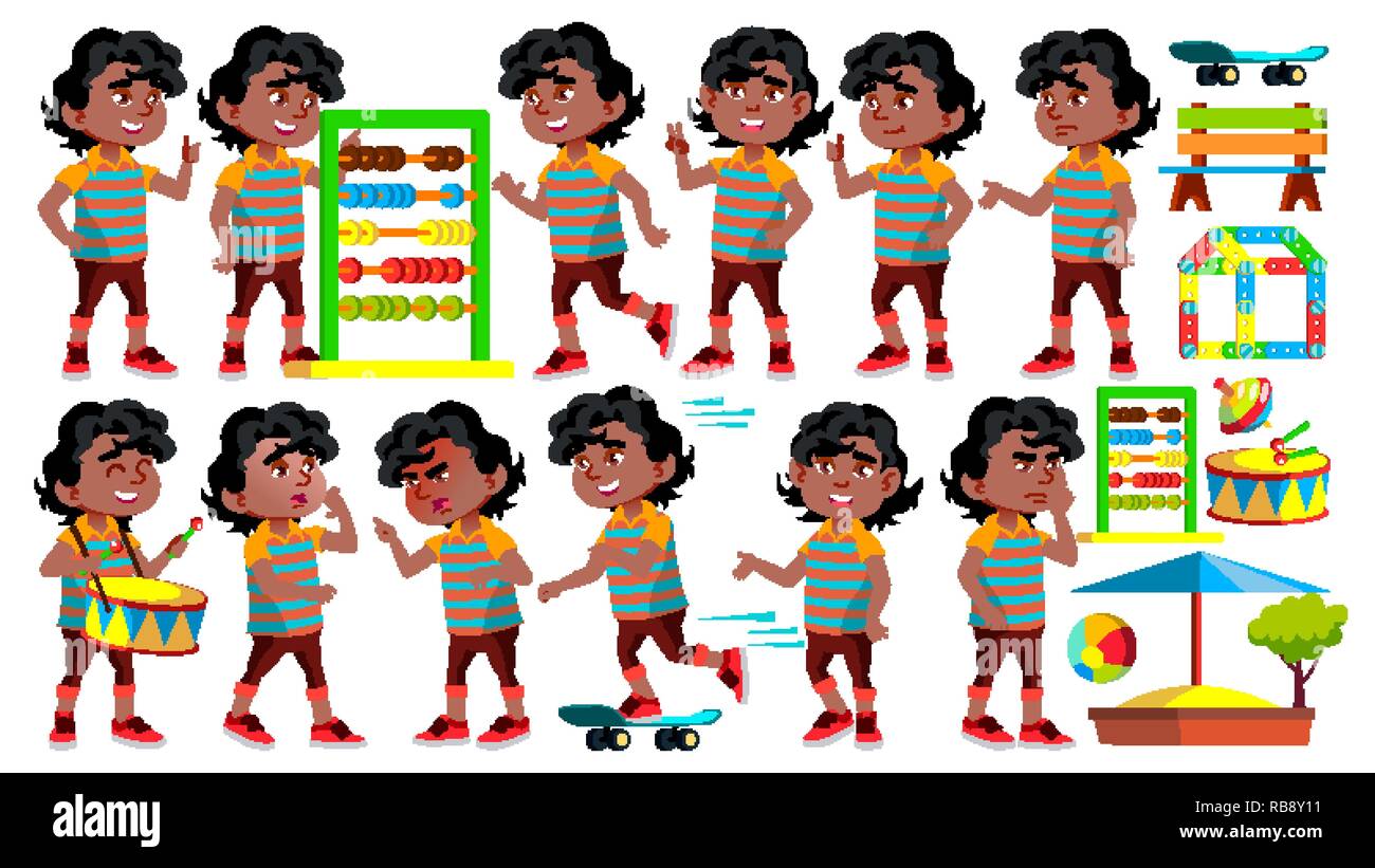 Black, Afro American Boy Kindergarten Kid Poses Set Vector. Happy Children Character. Babysitting. For Advertisement, Greeting, Announcement Design. Isolated Cartoon Illustration Stock Vector