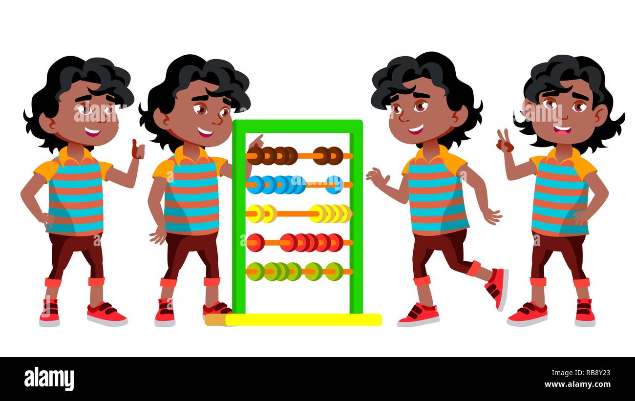 Black, Afro American Boy Kindergarten Kid Poses Set Vector. Little ...
