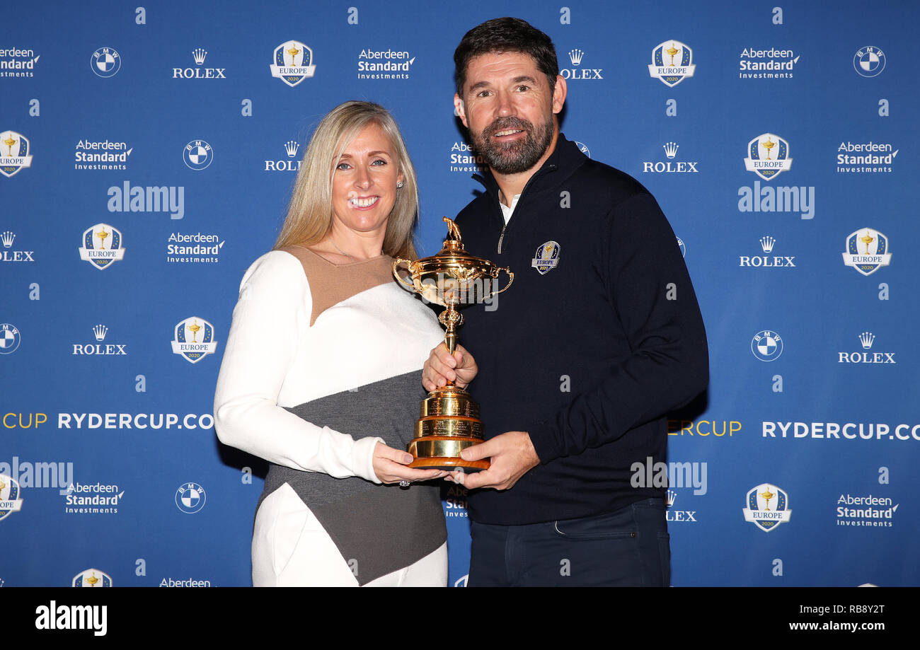 European Ryder Cup captain Padraig Harrington (right) with wife Caroline  Harrington during the Team Europe Ryder Cup Press Conference at the  Wentworth Golf Club, Surrey Stock Photo - Alamy