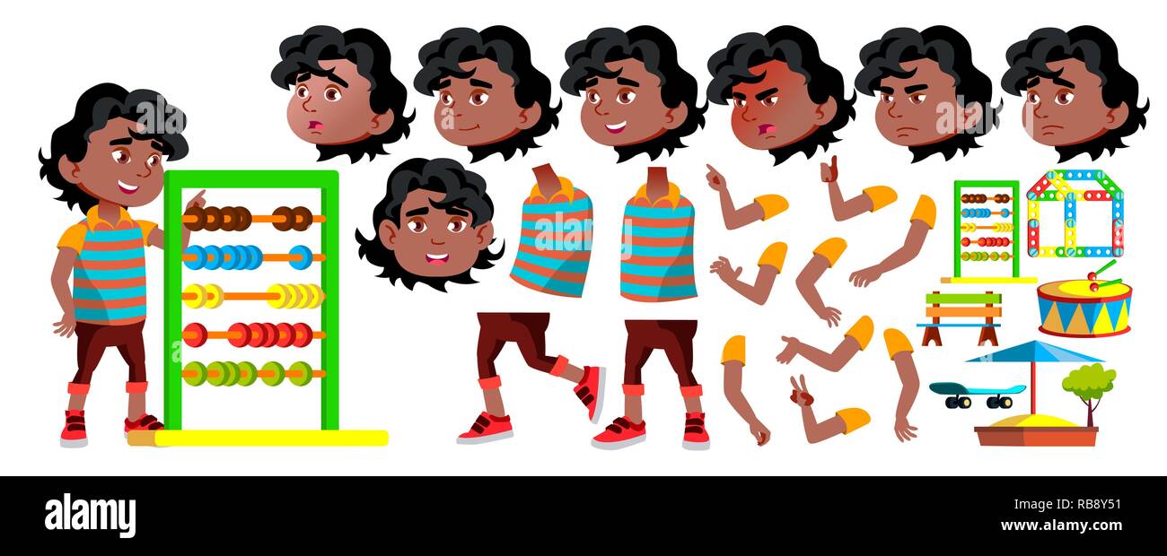 Black, Afro American Boy Kindergarten Kid Vector. Animation Creation ...