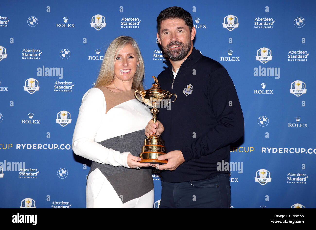 European Ryder Cup captain Padraig Harrington (right) with wife Caroline  Harrington during the Team Europe Ryder Cup Press Conference at the  Wentworth Golf Club, Surrey Stock Photo - Alamy