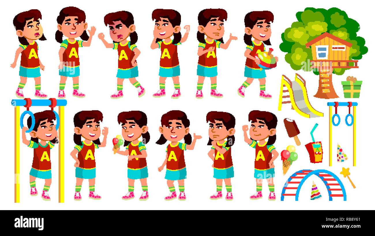 Asian Girl Kindergarten Kid Poses Set Vector. Preschool. Young Person ...