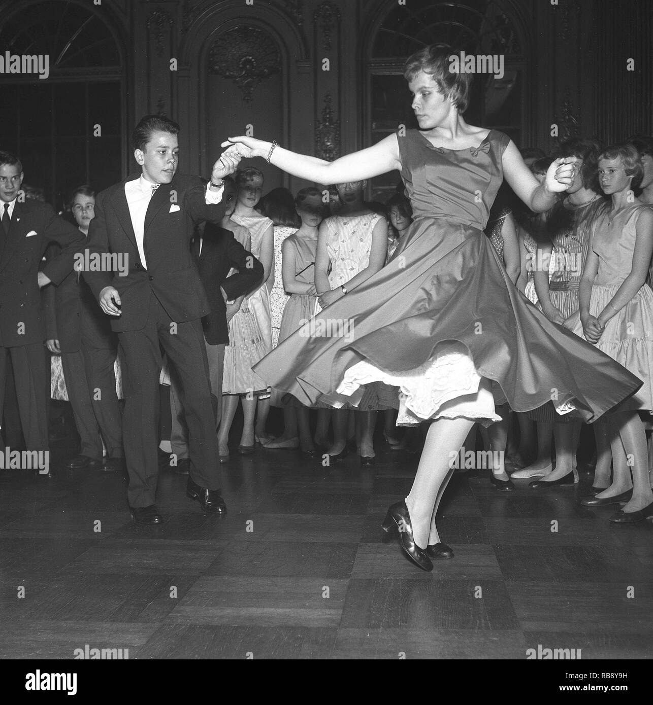 Dancing in the 1950s. A young couple is dancing and moving to the music. Sweden Photo Kristoffersson.  Ref CC22-9 Stock Photo