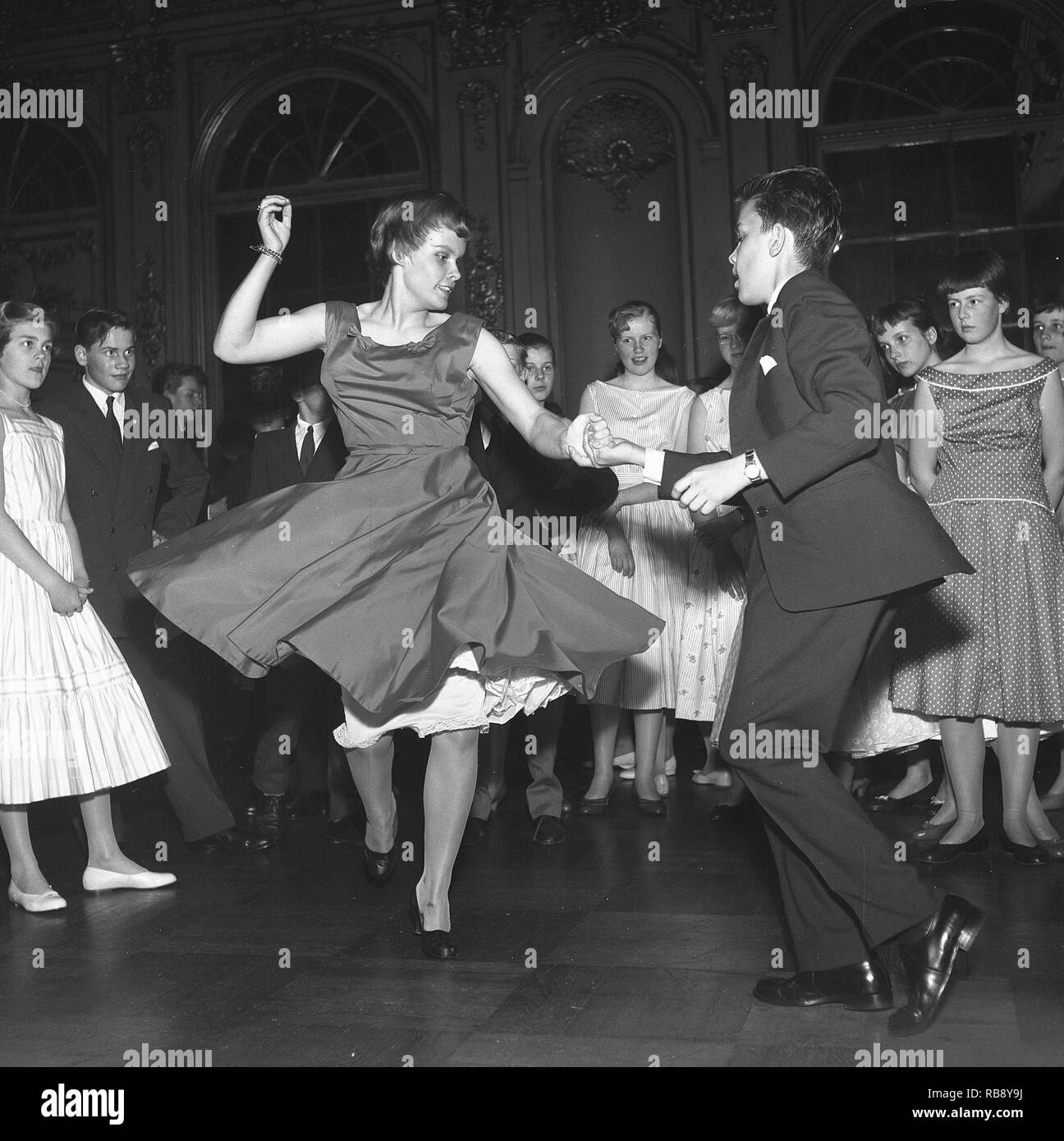 Dancing in the 1950s. A young couple is dancing and moving to the music. Sweden Photo Kristoffersson.  Ref CC22-8 Stock Photo