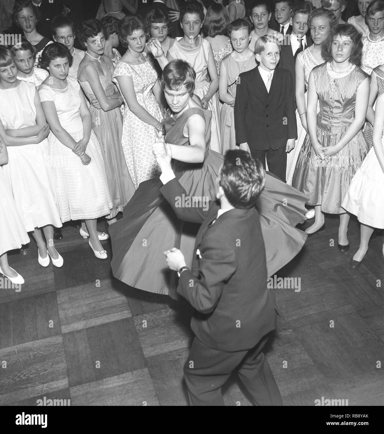 Dancing in the 1950s. A young couple is dancing and moving to the music. Sweden Photo Kristoffersson.  Ref CC22-10 Stock Photo