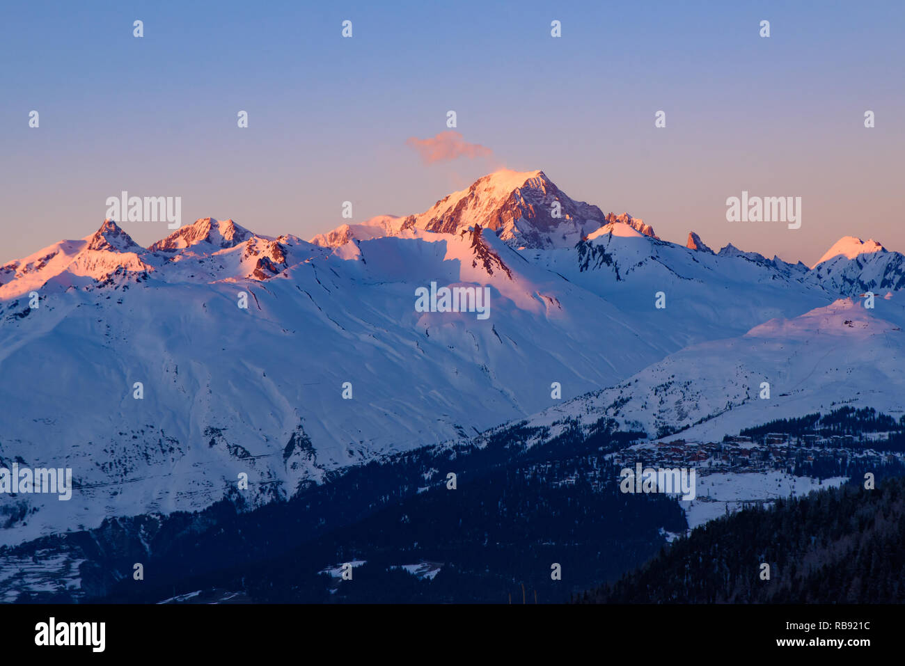 Sunset light on Mont Blanc in Savoie, France, the highest mountain in the Alps and in Europe