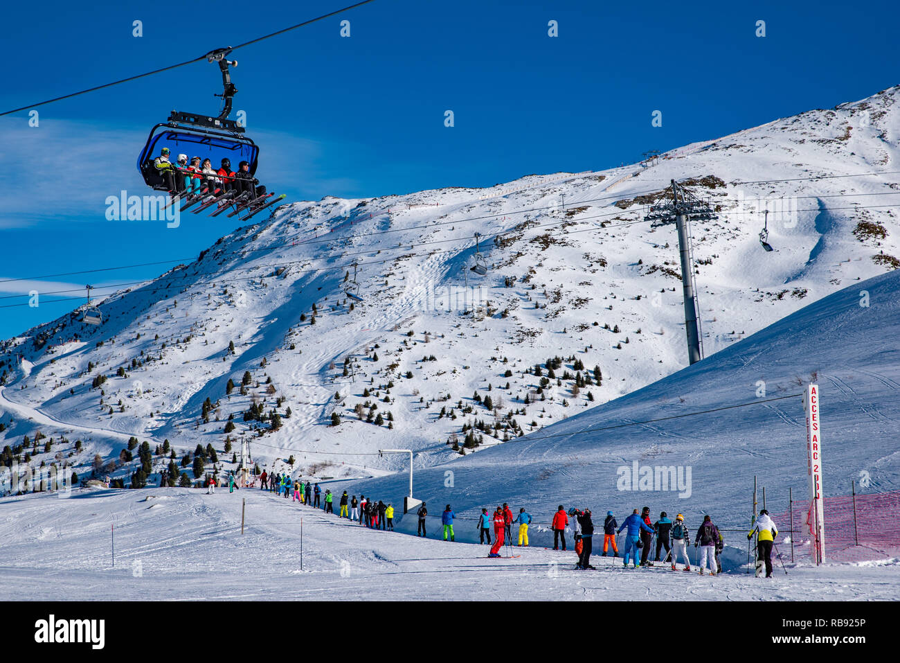 Ski lifts for ski and snowboard players for winter holiday in Alps area, Les Arcs 2000, Savoie, France, Europe Stock Photo