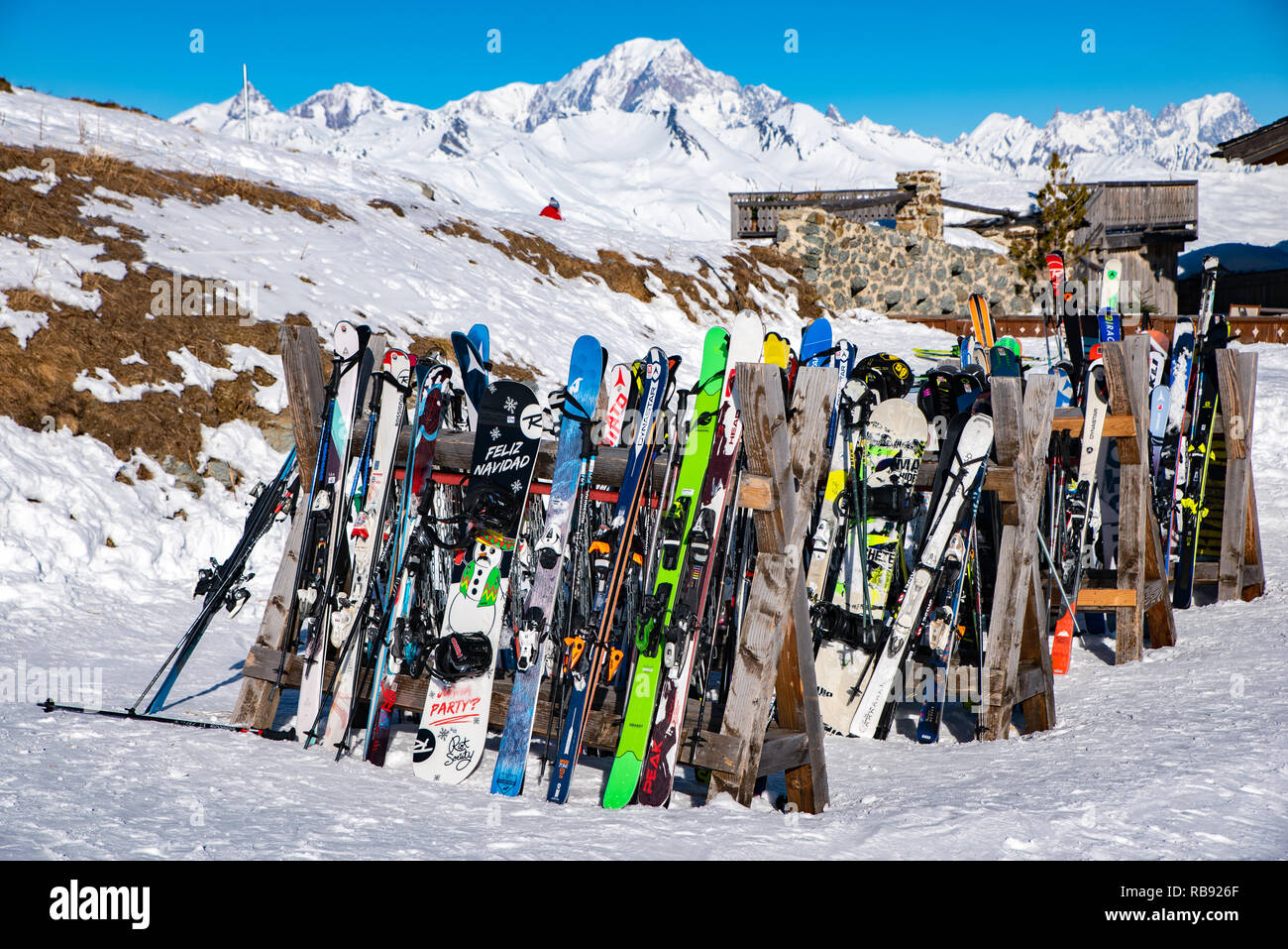 Equipment of ski and snowboard for winter holiday in Alps area, Les