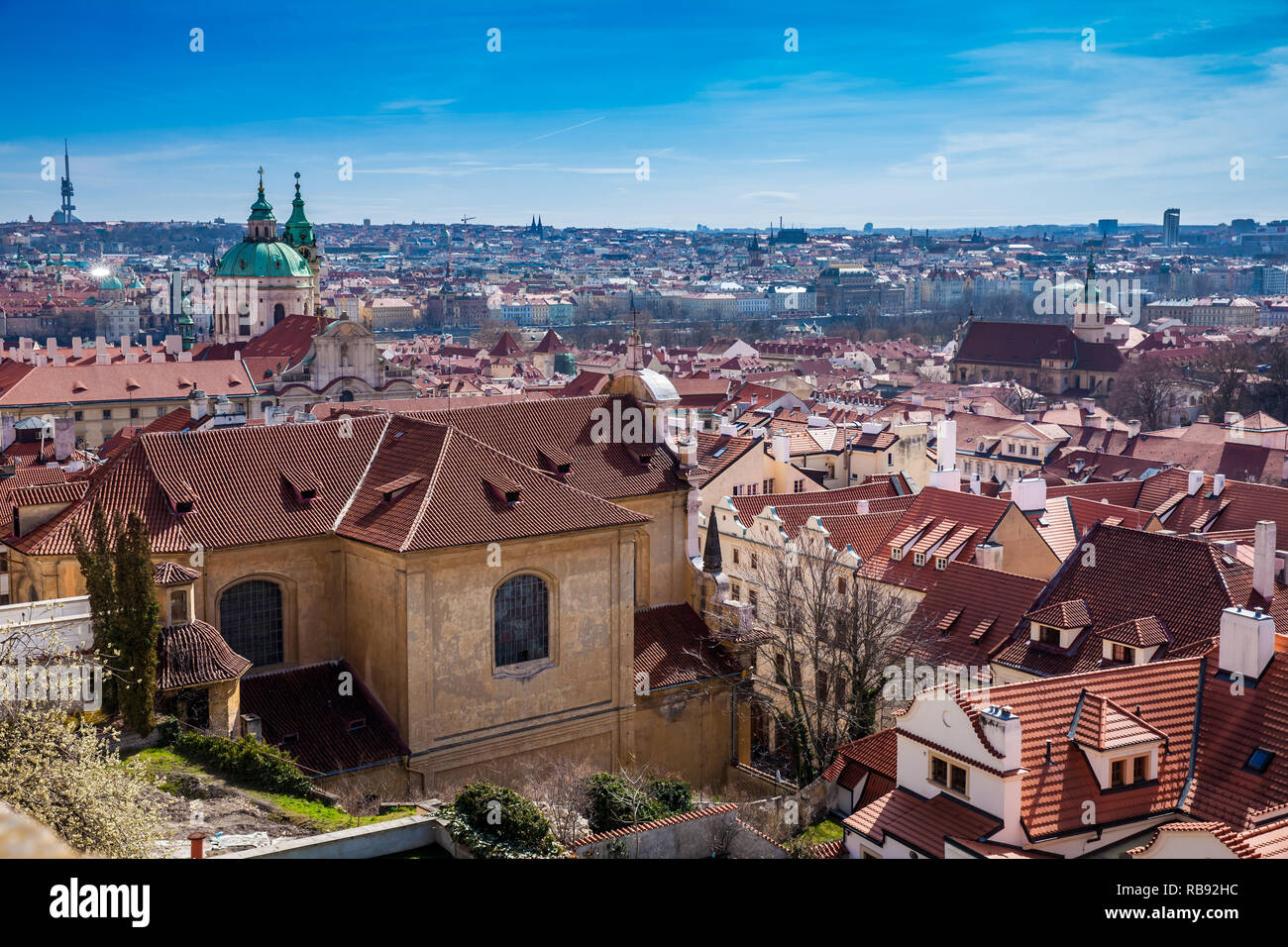 Prague city seen from the Petrin Gardens at the begining of spring ...