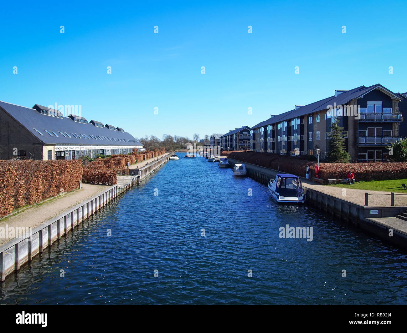 View of the contemporary architecture and water canals of the Christianshavn district in Copenhagen, Denmark Stock Photo