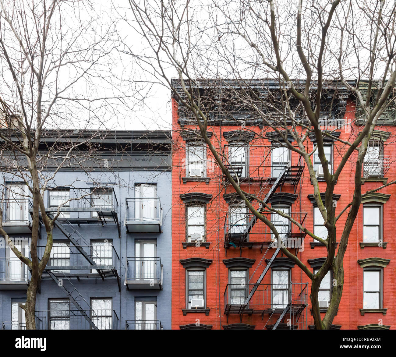 Blue and Red vintage style apartment buildings in the East Village