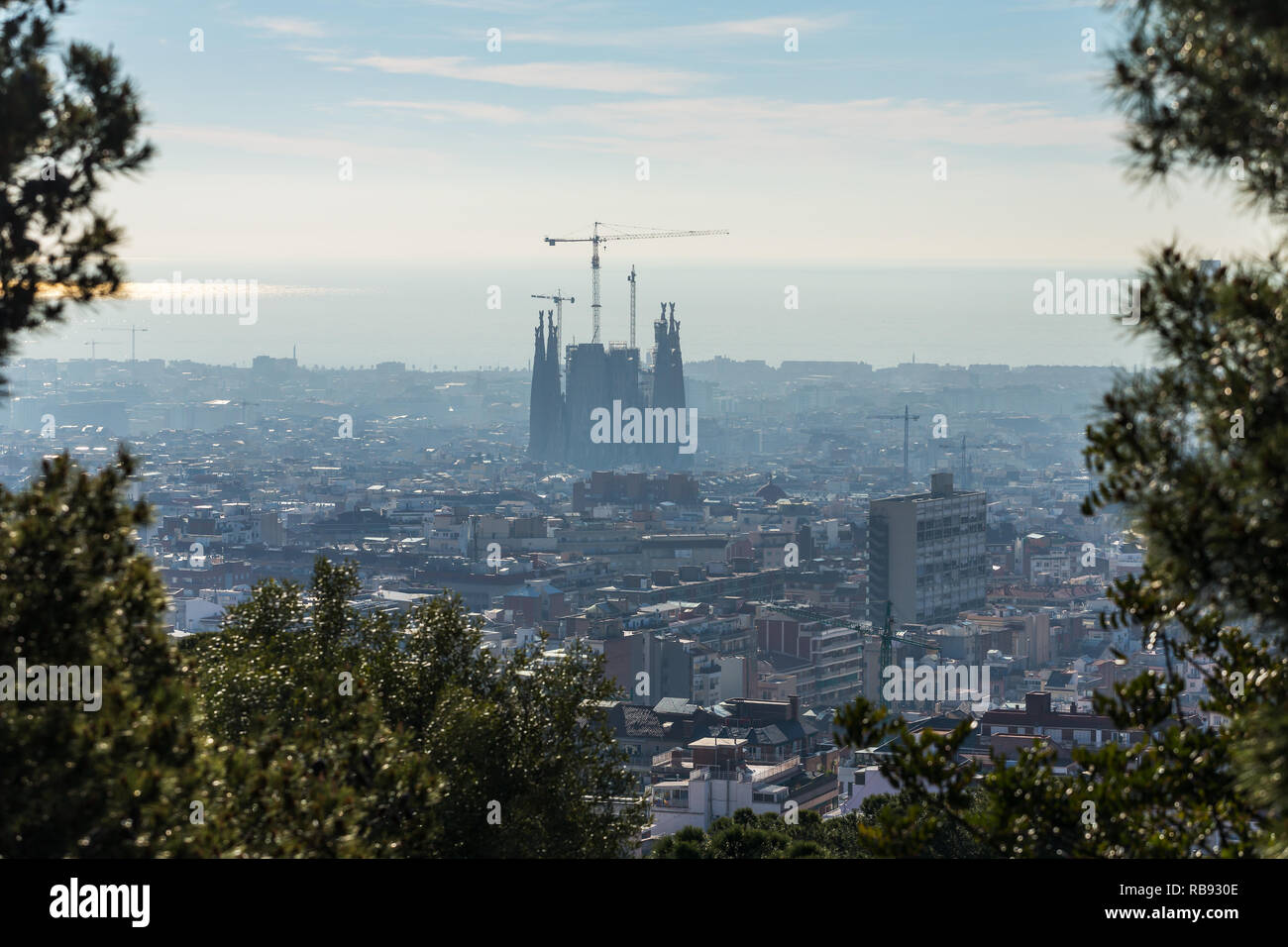 Barcelona, Spain - March 28, 2018: Barcelona city skyline at day time with a Sagrada Familia silhouette, Spain Stock Photo