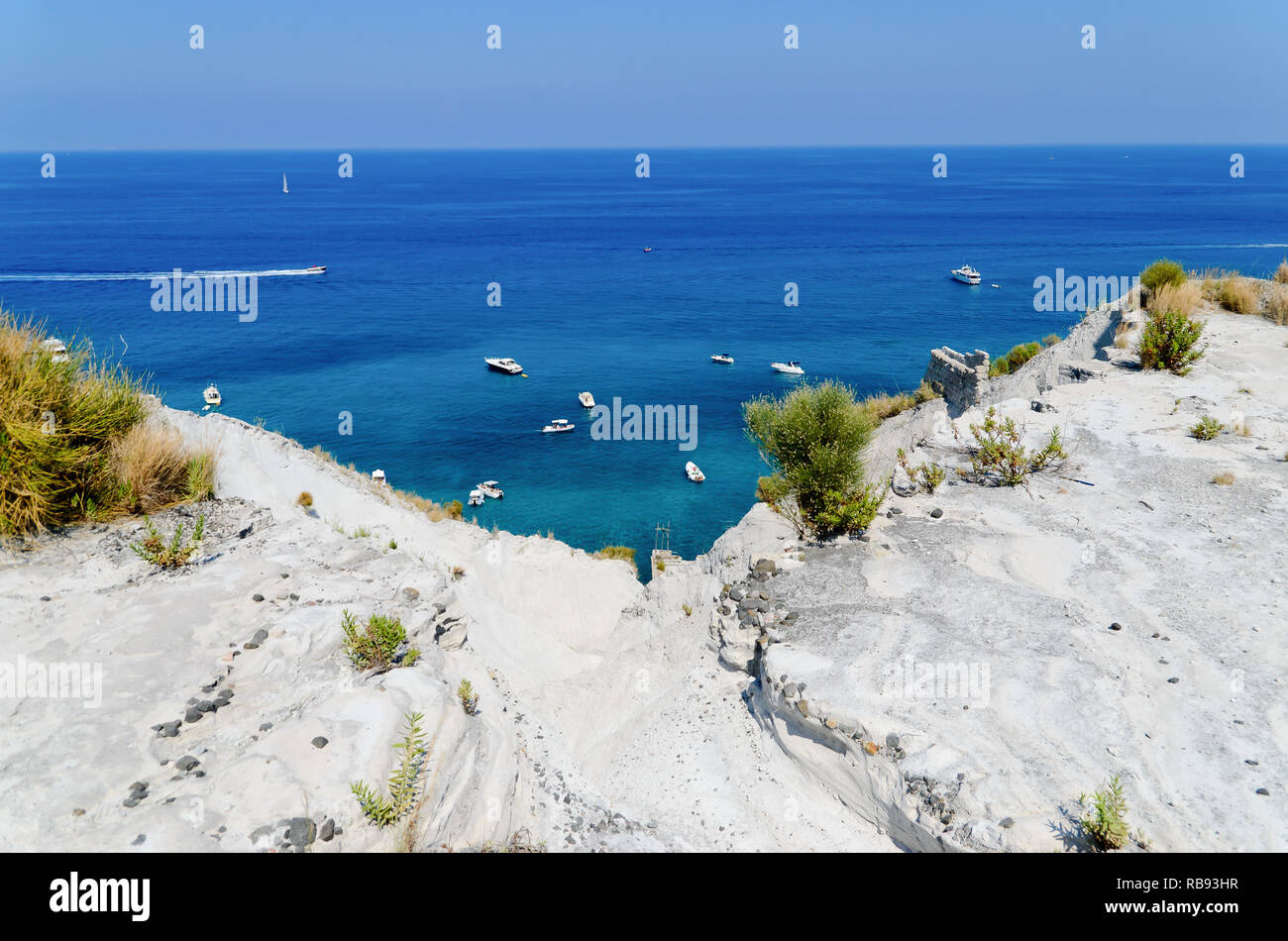 Lipari island, Aeolian Archipelago, Sicily, Italy. Panoramic view of the beautiful white beach of volcanic Pumice dust at Cava di Pomice. Stock Photo