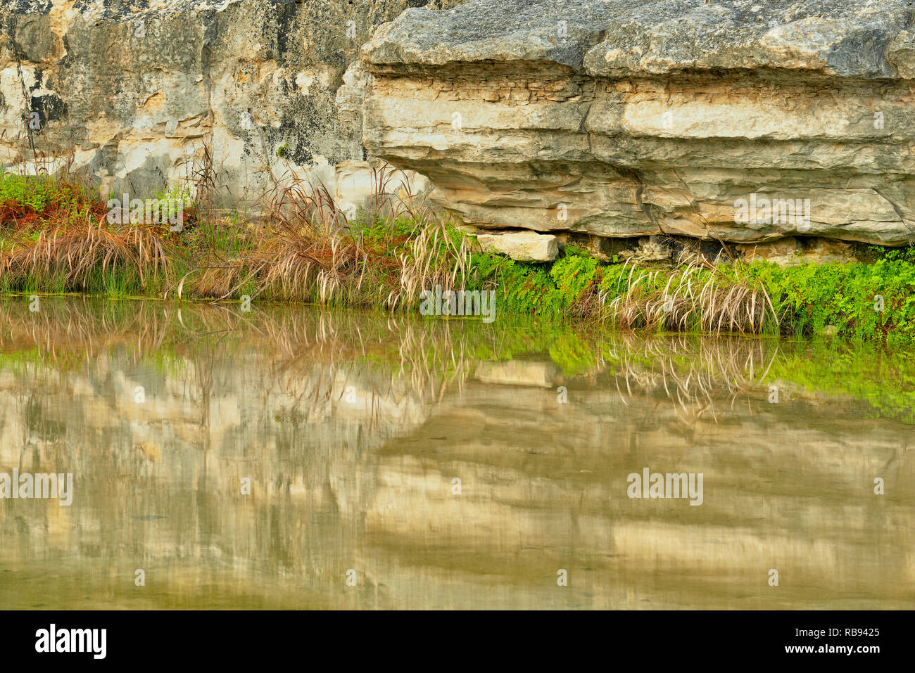 Shoreline rocks reflected in Cow Creek, Balcones Canyonlands National Wildlife Refuge, Texas, USA Stock Photo